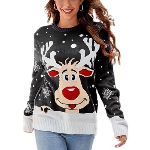 Weihnachtspullover für Frauen Schneeflocke Rentier Herz Strickpullover Langarm Rundhals Xmas Pullover Strickwaren, Schwarz , XX-Large von SEDEX