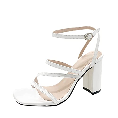 Damen High Heels Sandalen Kreuzgurt Atmungsaktive Abendschuhe Schnür Schnalle Sandalen mit offenem Zehenbereich Elegant Blockabsatz High Heels Hochzeit Schuhe Brautschuhe (Weiß, 41) von SEEGOU