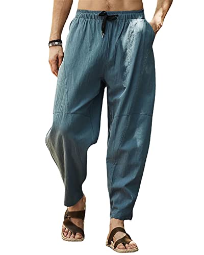 SEGANUP Leinenhose für Herren Leichte Sommerhose Casual Elastische Taille Hosen Strand Yogahosen, Blauer See., L von SEGANUP