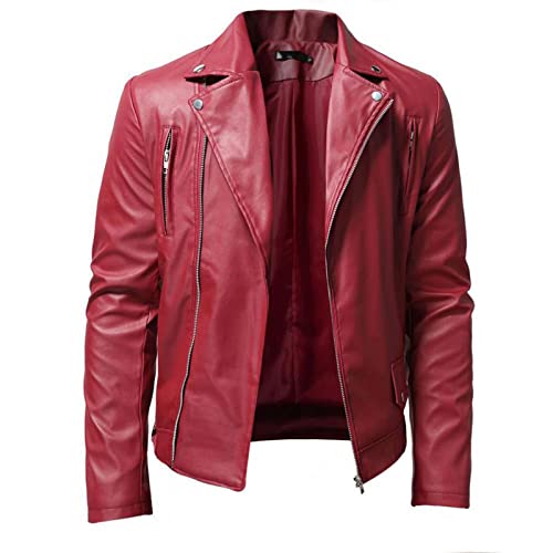 Herren Lederjacke Mode Einfarbig Stehkragen Punk Motorrad Washed PU Leder Langarm Revers Casual Outwear, rot, XL von SEGH