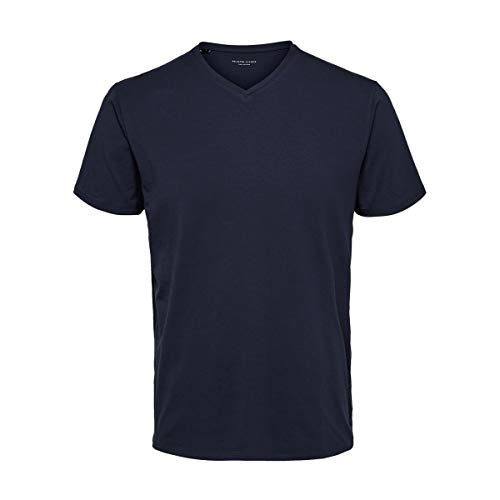 Herren Selected V-Ausschnitt T-Shirt | Einfarbiges Basic Kurzarm Shirt SLHNEWPIMA | Stretch Baumwolle, Farben:Navy, Größe:S von SELECTED HOMME