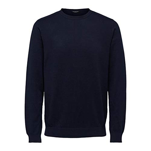 Herren Selected Rundhals Pullover | Einfarbiges Feinstrick Langarm Shirt SLHBERG | Baumwolle Sweater, Farben:Navy, Größe Pullover:XXL von SELECTED HOMME