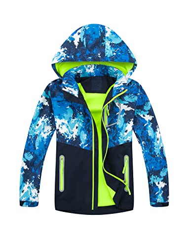 SERENYOU Jungen Gefütterte Regenjacke Kinder Camouflage Winddicht Übergangsjacke Mädchen Wasserdicht Windjacke Warm Wanderjacke Atmungsaktiv Softshelljacke Blau 128-134 von SERENYOU