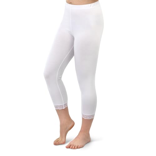 SES Capri Leggings mit Spitze 36-38 weiß 2er Pack aus Baumwolle/blickdichte Leggins mit Spitze/elastische Damen Leggins 3/4 lang Baumwolle/Leggings Damen mit Spitze mit Perfekter Passform von SES