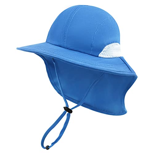 SEYUFN Baby Jungen Sonnenhut Kleinkind Sommer Strand Hüte Kleinkind Mädchen Breiter Krempe Bucket Cap Nackenklappe UV-Schutz für Kinder im Freien (4-8 Jahre, B-Blau) von SEYUFN