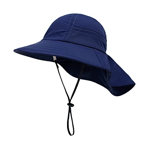 SEYUFN Baby Sonnenhut Mädchen Jungen Halskappe Kinderschutz Eimer Hüte Atmungsaktiver Baby Mädchen Strandhut Kleinkind Sommerhut (L(6-12 Jahre), C-Navy blau) von SEYUFN