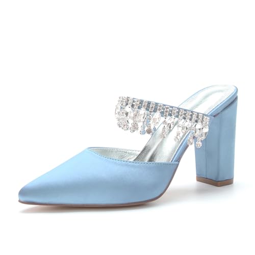 Damen Kristall Brautkleid Schuhe Absatz Bequem Satin Spitzer Pump Sandalen mit Geschlossene Zehen, Bequeme Partyschuhe,Sky Blue,38EU von SFSSWSRYDF