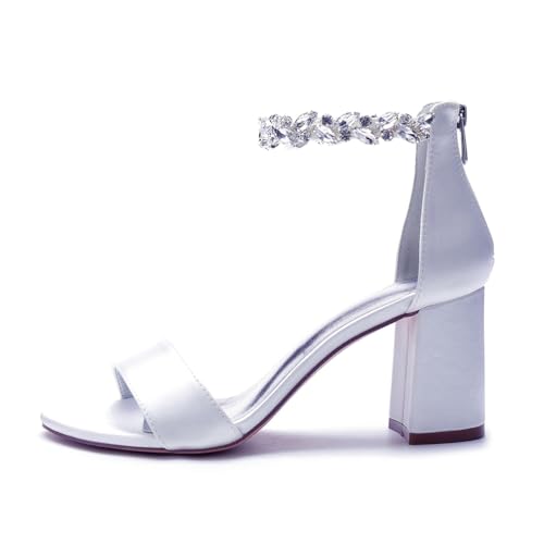 Funkeln Brautschuhe für Frauen Satin Brautjungfer Schuhe mit Strass Knöchelriemen Partyschuhe Hochzeitsschuhe,A White,42EU von SFSSWSRYDF