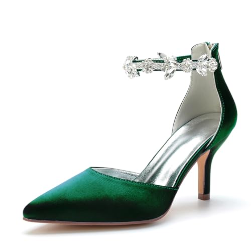 SFSSWSRYDF Bequem Funkeln Strass Knöchelriemen Feine Ferse Sandalen Stiletto Heels Satin Spitze Pumps Hochzeitsschuhe Brautschuhe Schicker Schuh,B dark green,36EU von SFSSWSRYDF