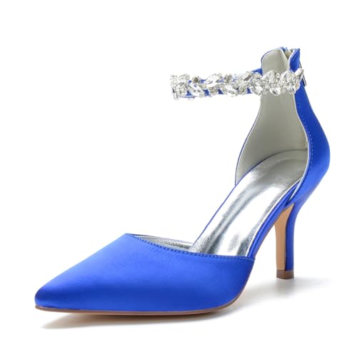 Strass Knöchelriemen Spitze Zehen High Heel Stiletto für Partei Satin Hochzeitsschuhe Brautschuhe High Heels Party Hochzeit,Blau,40EU von SFSSWSRYDF