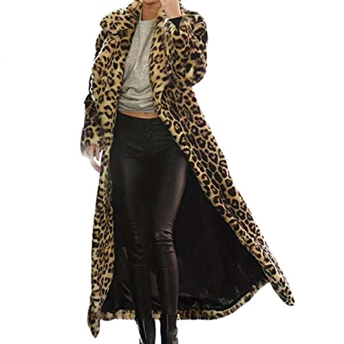 SGSD Damen Lang Kunstpelz Jacke-Leopard-Kunstfell Mantel Lang- Leopard Jacket-Knöchellange Jacke Pelzmantel-Trenchcoat-Pelzmantel Flaumig Warme Parka Cardigan Flauschjacke-Fellmantel, Kaffee, 3XL von SGSD