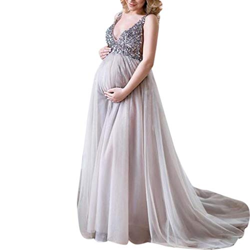 SGSD Female Umstandshochzeitskleid TüLl Ballkleid V-Ausschnitt Umstandskleid Schwangere Spitzenkleid Elegant Maxikleider,Maternity Umstandskleid Brautkleid FüR Schwangere,Cocktailkleid,Abendkleid von SGSD