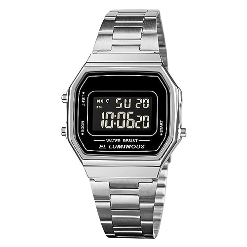 SH-RuiDu Digitale Herren-Armbanduhr, wasserdichte Digitaluhr mit Edelstahlband, LED-Hintergrundbeleuchtung, stilvolle Business-Armbanduhr, Datums- und Wochenanzeige, unterstützt von SH-RuiDu