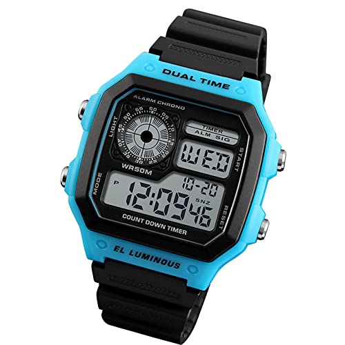 SH-RuiDu Digitale Herren-Sportuhr, 50 m wasserdicht, digitale Armbanduhr mit Hintergrundbeleuchtung, Stoppuhr, Countdown-Timer, Alarmfunktion, Outdoor-Armbanduhr, Dualzeit, 12/24 Stunden, für Männer, von SH-RuiDu