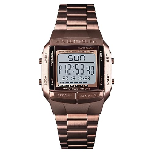 SH-RuiDu Herren-Digitaluhr, 30 m wasserdicht, Business-Uhr mit 2 Zeitalarm, Stoppuhr, Countdown-Timer-Funktion, modische Luxus-Retro-Armbanduhr, 12/24 Stunden, Kaffee/goldfarben, Armband von SH-RuiDu