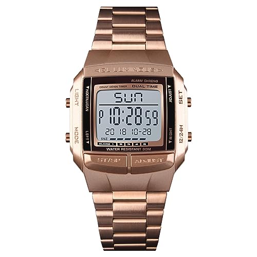 SH-RuiDu Herren-Digitaluhr, 30 m wasserdicht, Business-Uhr mit 2 Zeitalarm, Stoppuhr, Countdown-Timer-Funktion, modische Luxus-Retro-Armbanduhr, 12/24 Stunden, rose gold von SH-RuiDu