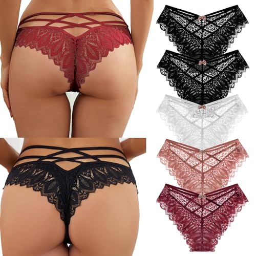 SHAINE 5er Pack String Tanga Set Damen Spitze Unterhosen Sexy Dessous Thong Frauen Atmungsaktiv Slips Unterwäsche Bequem Unterkleidung Weich Bikini Panties L von SHAINE