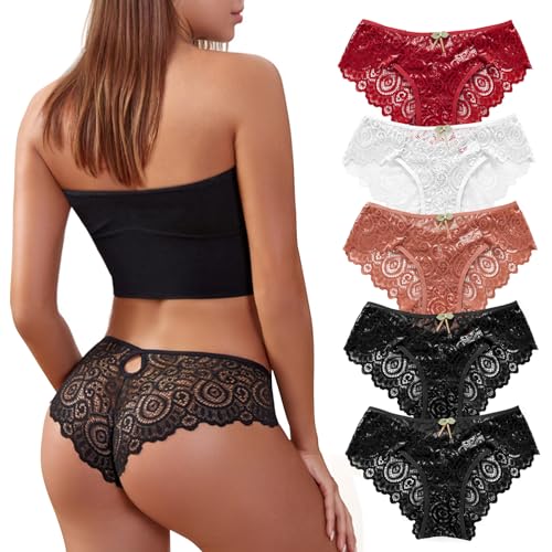 SHAINE 5er Pack String Tanga Set Damen Spitze Unterhosen Sexy Dessous Thong Frauen Atmungsaktiv Slips Unterwäsche Bequem Unterkleidung Weich Bikini Panties L von SHAINE