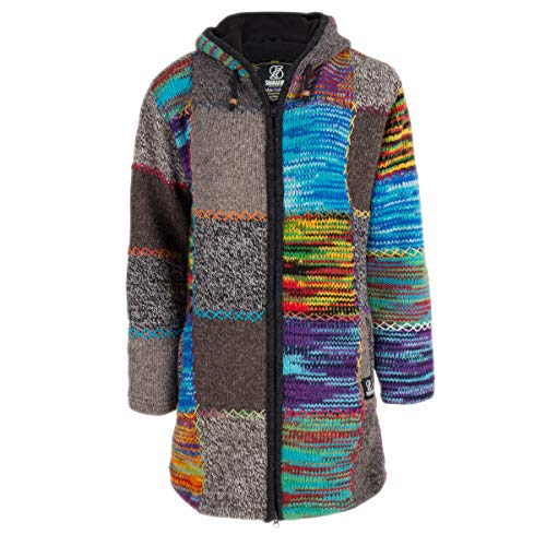 Lange Damen Wollmantel Patch Mehrfarbige Strickjacke mit Kapuze - SHAKALOHA - W Longpatch MixMulti fleecegefütterter Mantel - im fairen Wettbewerb in Nepal hergestellte Wolljacke.Warm! - M von SHAKALOHA LIFE IS FOR LIVING