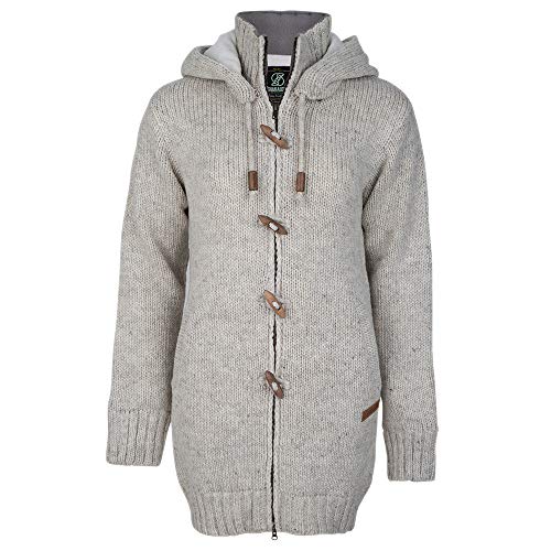 Lange Strickjacke Grobstrick Damen Strickmantel mit Kapuze und Knebelverschluss SHAKALOHA Woodcord DLX Ziphood beige - gestrickt 100% Wolle in Nepal hergestellte Fleece gefütterte Wolljacke - L von SHAKALOHA LIFE IS FOR LIVING