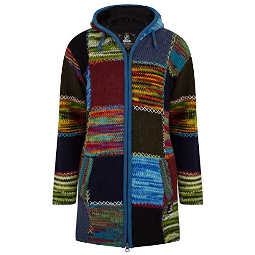 Lange Wollmantel Patch Strickjacke mit Kapuze - SHAKALOHA - W Longpatch Multi Blau Rot Mantel für Damen - im fairen Wettbewerb in Nepal hergestellte Wolljacke mit fleecegefütterter Kapuze. - L von SHAKALOHA LIFE IS FOR LIVING