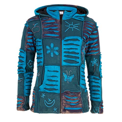 Patchwork Jacke Damen Kapuzenpulli Säurewäsche in türkisfarbe aus Baumwolle mit Fleece Gefüttert SHAKALOHA Buzz Turqoise. Starker Reißverschluß, mit genähten Details/Blümen. - XL von SHAKALOHA LIFE IS FOR LIVING