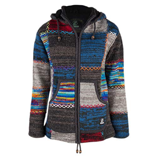 Patchwork Strickjacke Wolljacke in Bunte Farben mit Kapuze - M Patch ZH BlitzMulti für Herren - in Nepal hergestellte fleecegefütterte Wolljacke mit Abnehmbarer Kapuze. SHAKALOHA Original. - S von SHAKALOHA LIFE IS FOR LIVING