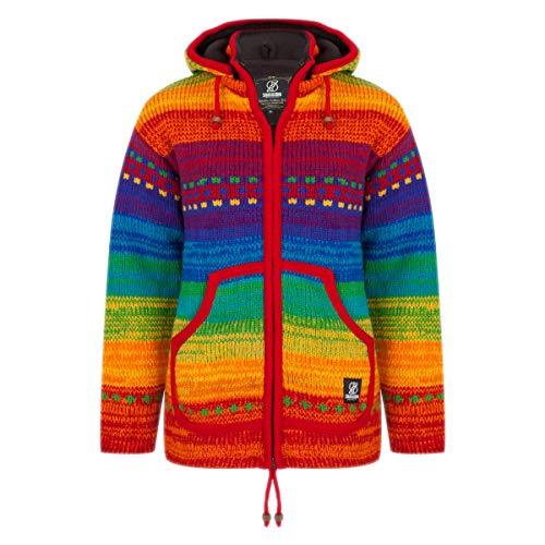 Strickjacke Wolljacke mit helle Regenbogenfarben - W Shaker ZH Spectrum für Damen - in Nepal hergestellte fleecegefütterte Wolljacke mit abnehmbarer Kapuze, gestrickt mit reiner Schafswolle - XL von SHAKALOHA LIFE IS FOR LIVING