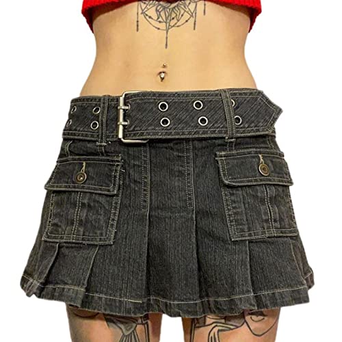 Damen-Mini-Jeansrock, einfarbig, plissiert, mehrere Taschen, Rock mit Gürtel, Damen, niedrige Taille, A-Linie, Faltenrock, Sommerkleidung, Grau, XS von SHANHE