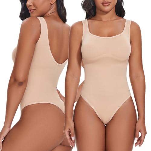 SHAPERIN Damen Formender Body Bauchweg Miederbody String Rückenfreier Shapewear Bodysuit Eckiger Ausschnitt Nahtloser Body Shaper, Beige, L von SHAPERIN