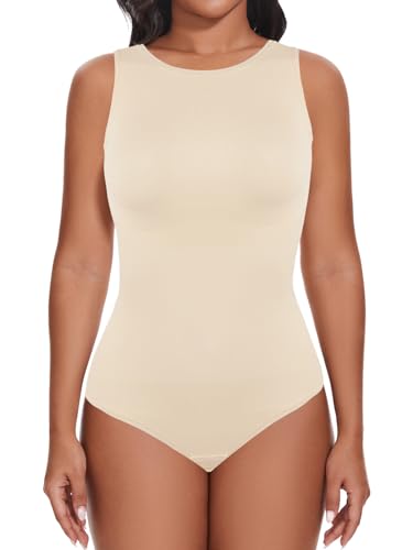 SHAPERIN Damen Formender Body Bauchweg Nahtlose Miederbody Tanga Body Shaper Rundhals Leotard Racerback Jumpsuit Top, Beige, M von SHAPERIN