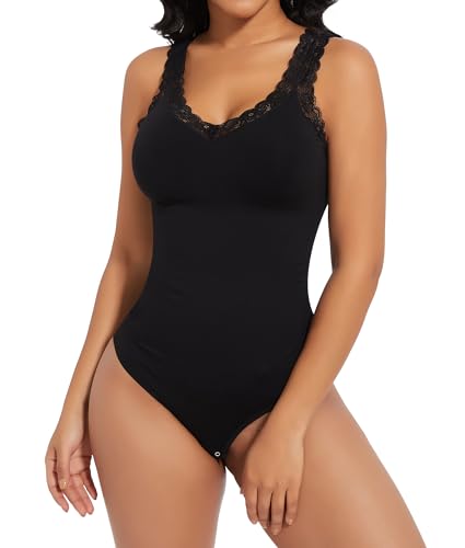 SHAPERIN Shapewear Bauchweg Body Damen Figurformender Spitze Body Shaper Tanga Stark Formend Lace Shapewear Bodysuit Nahtlose Taillenformer Schwarz L von SHAPERIN