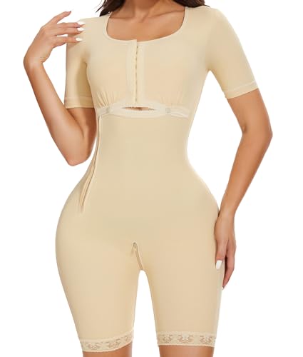 SHAPERIN Damen Shapewear Figurformender Fajas colombianas Bauchweg Kurzarm Stark Formend Taillenformer Mieder Bodysuit Full Body Shaper Beige L von SHAPERIN