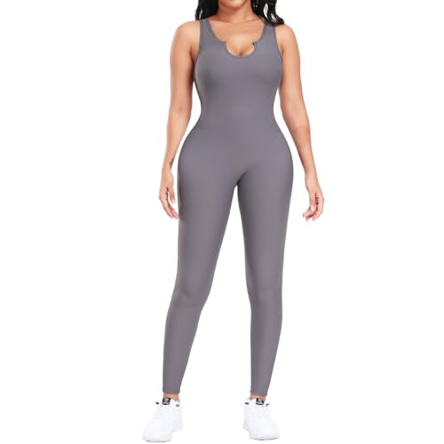 SHAPERIN Jumpsuit U-Ausschnitt Damen Ärmellos Trainingsanzüge Hohe Taille Sportkleidung Set Bodycon Einteiler Bodysuit Yoga Overall Romper One Piece Hosenanzug Grau XXL von SHAPERIN