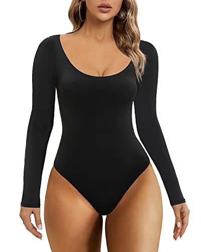 SHAPERX Body Damen Langarm Bodysuit Rundhals Oberteil Höhe Elastizität Elegant Leotard Abgerundeter Ausschnitt Top mit Tanga Jumpsuit, UK-SZ5260-Black-2XL von SHAPERX