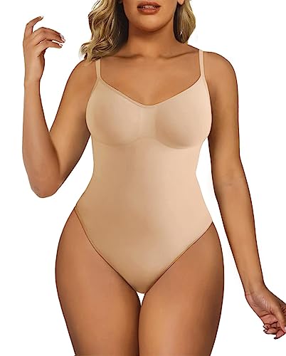 SHAPERX Body für Damen, Bauchkontrolle, Shapewear, nahtlos, formend, Tanga, Body Shaper, Tanktop, Beige Slip, S-M von SHAPERX