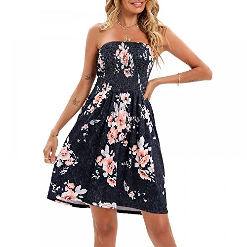 SHEBUYLLI Damen Bandeau Kleid Blumendruck Trägerlos Schlauchoberteil Minikleid Ärmellos A-Linie Strandkleid, dunkelgrau, Medium von SHEBUYLLI