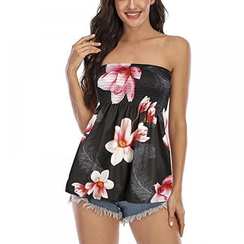 SHEBUYLLI Damen Bandeau Weste Trägerlos Schlauchoberteile Plissee Gerafft Strand Tunika Tank Shirt Casual Slim Camis, Rosa Blumen, L von SHEBUYLLI