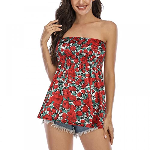 SHEBUYLLI Damen Bandeau Weste Trägerlos Schlauchoberteile Plissee Gerafft Strand Tunika Tank Shirt Casual Slim Camis, Rote Blumen, XX-Large von SHEBUYLLI