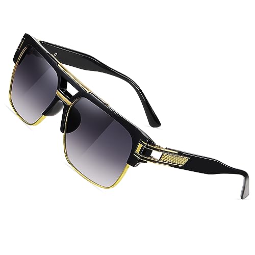 SHEEN KELLY Große Retro Sonnenbrille Square Brille Herren Damen Spiegel Linsen Luxus Eyewear Schwarz Hälfte Rahmen Metall Gold UV400 Oversized von SHEEN KELLY