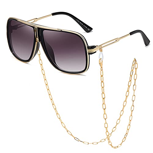 SHEEN KELLY Übergroße Retro-Ketten-Pilot-Sonnenbrille-Quadrat-Rahmen Gold Metall für Männer Frauen schwarze Linse von SHEEN KELLY