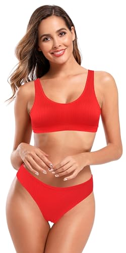 SHEKINI Damen Bikini Set Gerippte U Ausschnitt Breites Träger Bikinioberteil Zweiteiliger Badeanzug Sport Triangel Bikinihose Bademode (Rot, XL) von SHEKINI