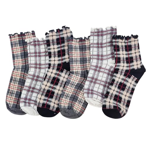 SHEKINI Damen Atmungsaktive Mittellang Baumwollsocken Retro Ruffenkante Plaid Freizeitsocken Weich Komfortabel Multipack Socken(3 Paar Pack) von SHEKINI