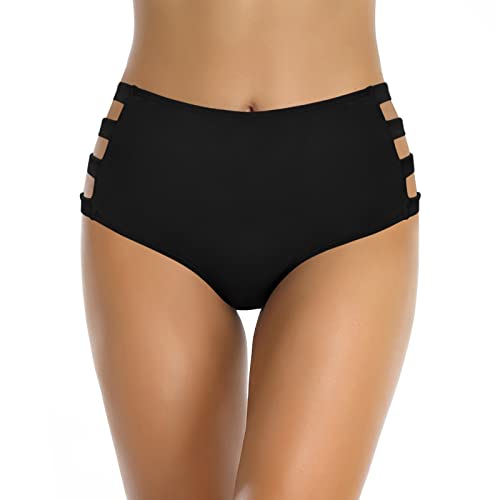 SHEKINI Damen Badehose Bauchkontrolle Super High Waisted Hollow Bikinihose, schwarz, Large von SHEKINI