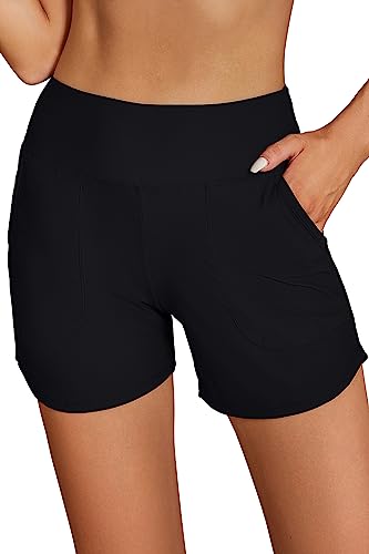 SHEKINI Damen-Badeshorts, 12,7 cm, schnell trocknend, hohe Taille, Badeanzüge mit Taschen, Schwarz, XL von SHEKINI