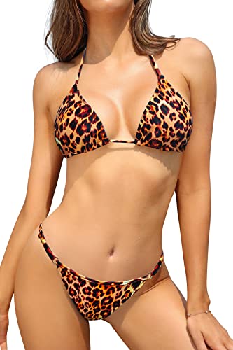 SHEKINI Damen Bikini Set Klassischer Triangel Rückenfrei Bikinioberteil Verstellbare Bademode Brasilianer Niedrige Taille Tanga Bikinihose Zweiteiliger Badeanzug(M,Leopard-b) von SHEKINI