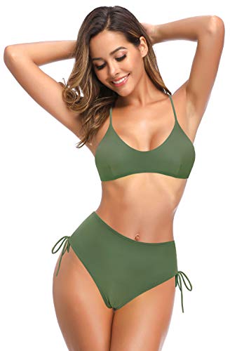 SHEKINI Damen Bikini-Set Neckholder Verstellbarer Schultergurt Bikinioberteil Zweiteiliger Badeanzug Gedruckt Elegant mit High Waist Triangel Verstellbarer Ties-up Bikinihose (M, Olivgrün) von SHEKINI