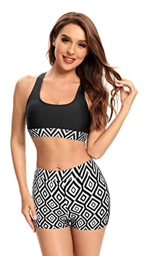 SHEKINI Damen Bikini Set Tanktop Racerback Niedriger Kragen Sport Crop Bikinioberteil Zweiteiliger Badeanzug mit Boxershorts Sportliche Bademode （L,Schwarz von SHEKINI