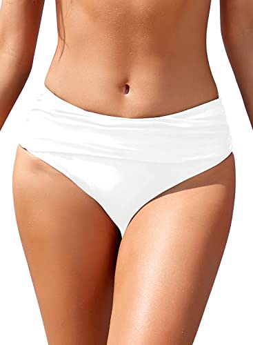 SHEKINI Frauen Ruched Bikinihosen Mittelhohe Badehose Verstecken Bauch Briefs Hipster Damen Klassisch Mäßige Abdeckung Badehose Shorts (S, Weiß) von SHEKINI