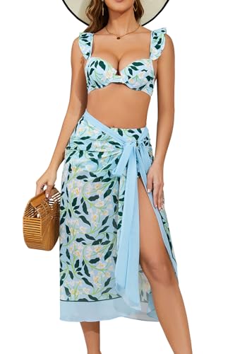 SHEKINI Damen Push Up Bikini Set Blumen Print 3-Teiliger Bademode High Waist Badeanzug Hose mit Cover Ups Strandkleid Bikini (M, Hellblau) von SHEKINI